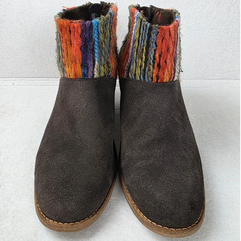 TOMS Lunata Brown Suede Multi Color Woven Tassel Ankle Boots Womens 8.5
